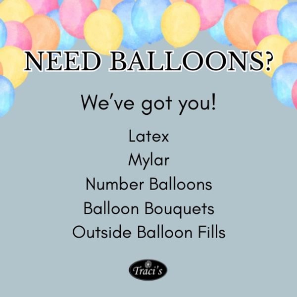 Advertisement offering various types of balloons for events and parties.