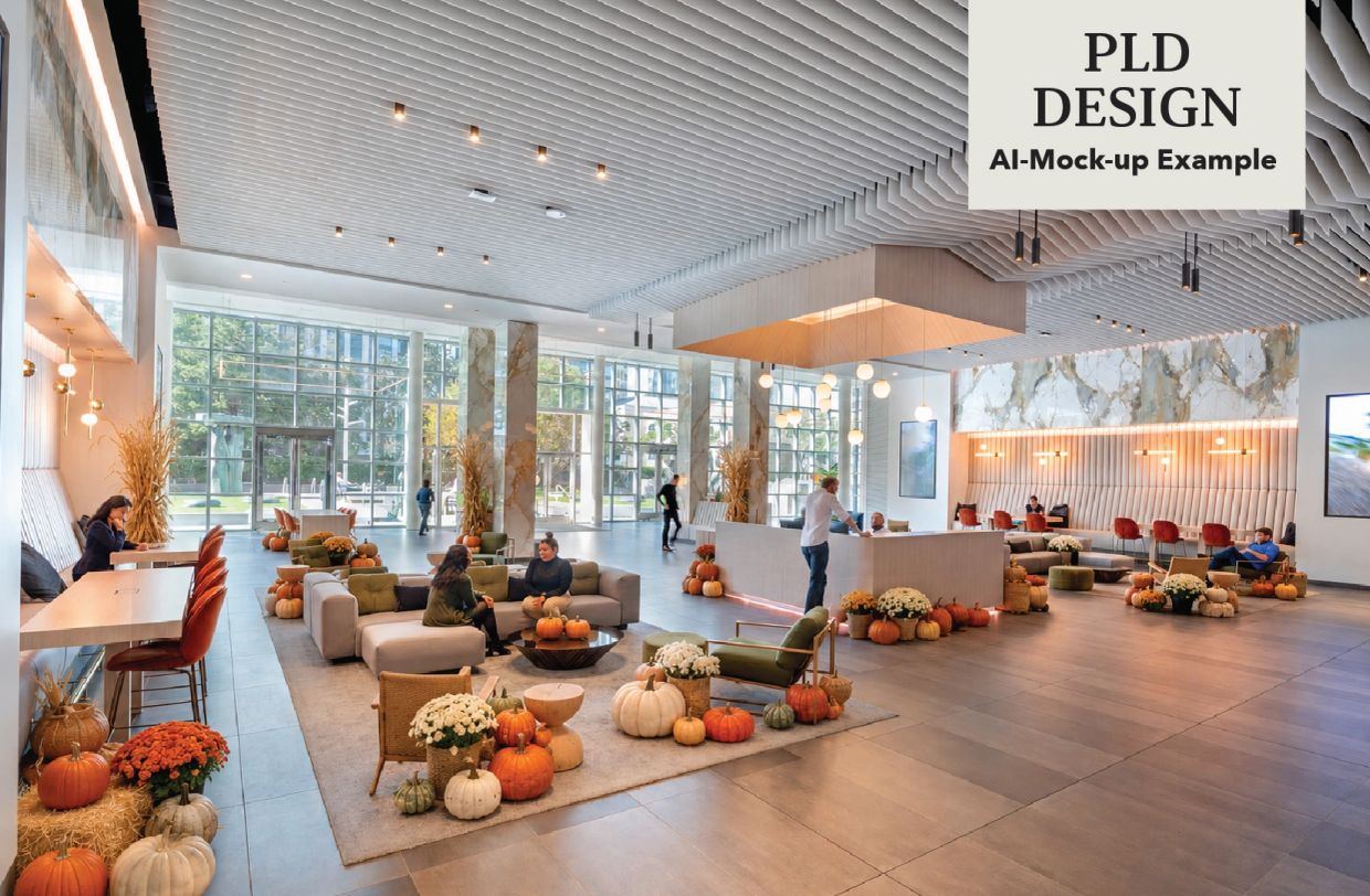Spacious modern lobby decorated for autumn with pumpkins and flowers.