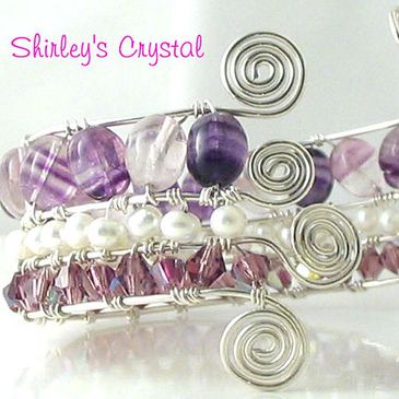 SS Wire Wrapped Gemstone, Pearl, Crystal Bangle