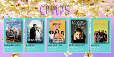 A colorful movie and TV show competition leaderboard with popcorn background.
