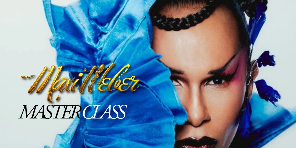 Close-up of a person with dramatic makeup and blue ruffled fabric, promoting a masterclass.