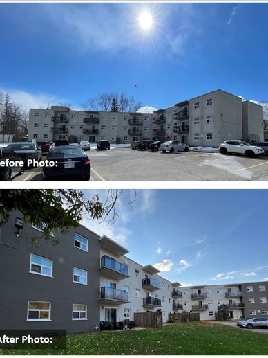 Before and after renovation of a three-story apartment building under bright sky.