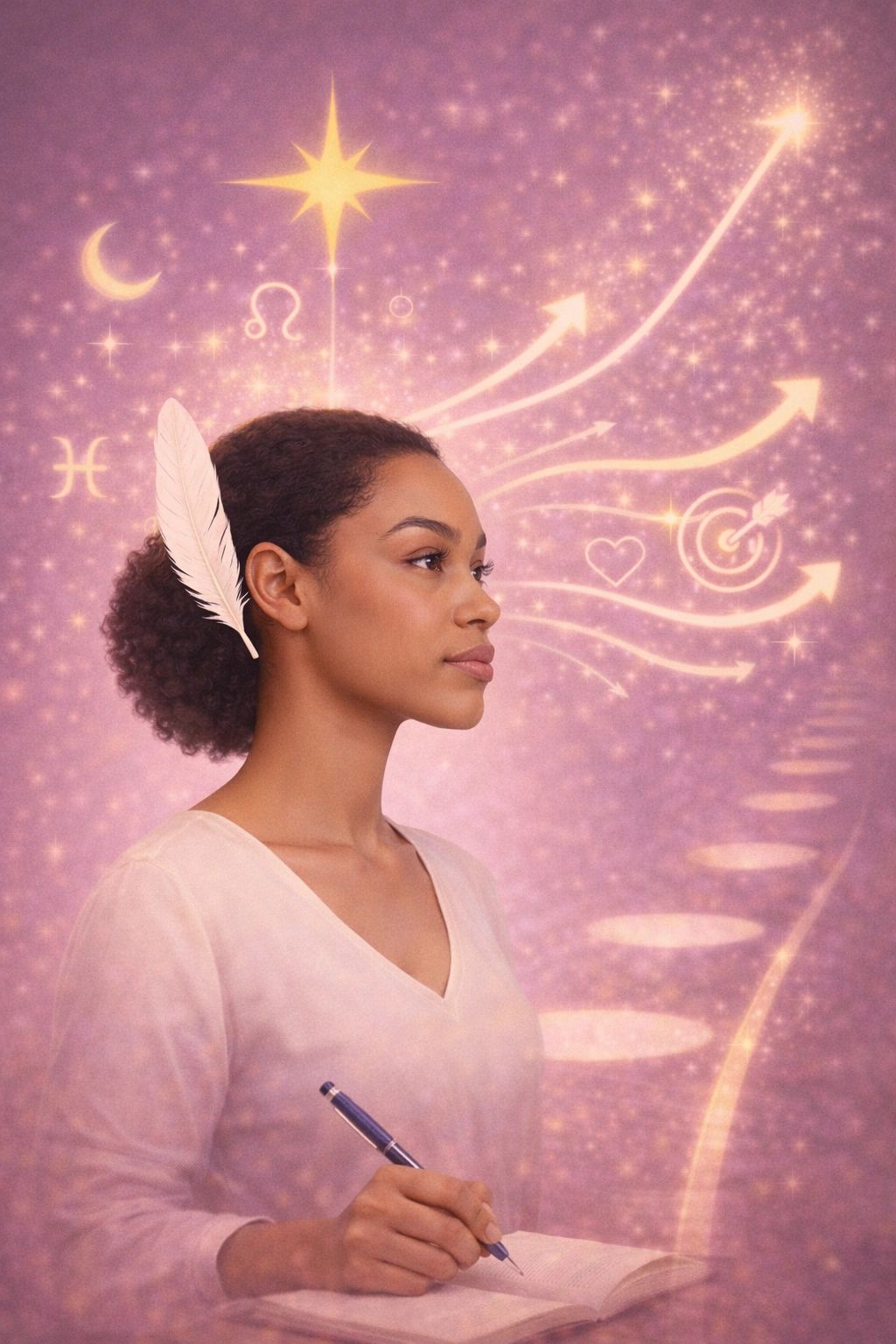 Woman with a feather in her hair surrounded by mystical symbols and arrows pointing to goals.