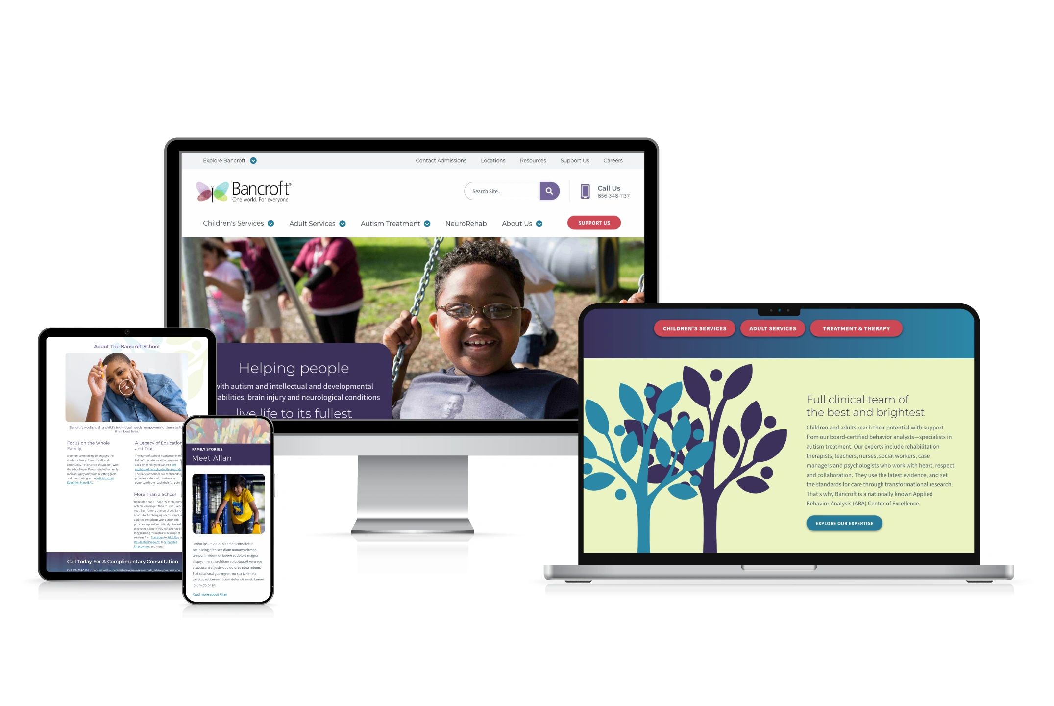 Computers and devices of various sizes showing different pages of the Bancroft website.