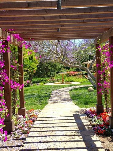 Wooden a frame patio cover built in next to contemporary built in pool. Gas overhead heaters. Bouga