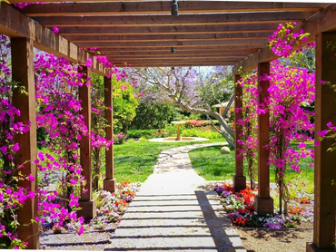 Wooden walkway with wooden lit arch way. Traditional style.