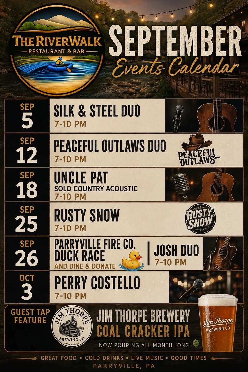 September events at The Riverwalk Restaurant & Bar in Parryville, PA.