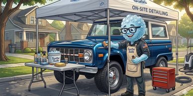 A character in an apron stands under a tent with car detailing supplies beside a vintage blue SUV.