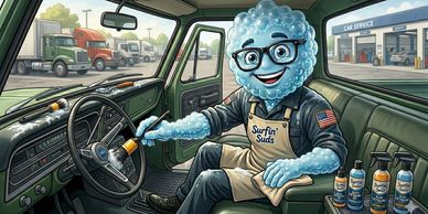 A friendly blue bubbly character drives a truck, wearing glasses and an apron.