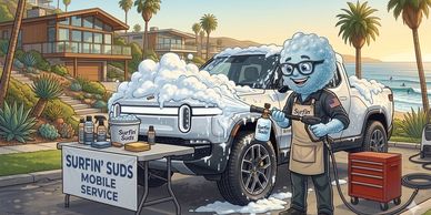 Cartoon character washing a white truck with soap and surfboard-themed products.