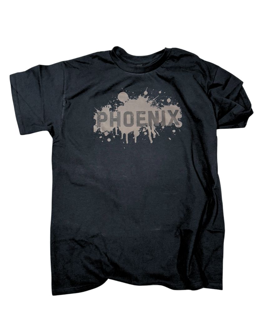 Black t-shirt with a splattered paint design and the word 'PHOENIX' in the center.