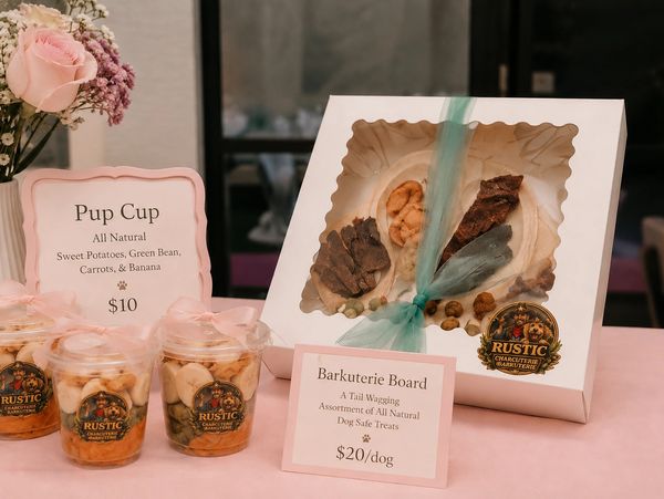 Rustic dog treats display with Pup Cups and Barkuterie Board on a pink table.