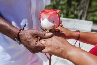 A rose ceremony; A couple hold a rose between them.