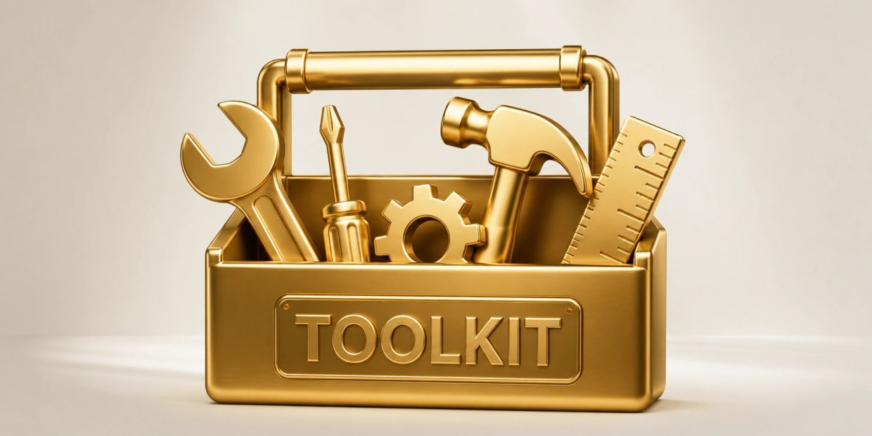 Golden toolkit with various tools inside.