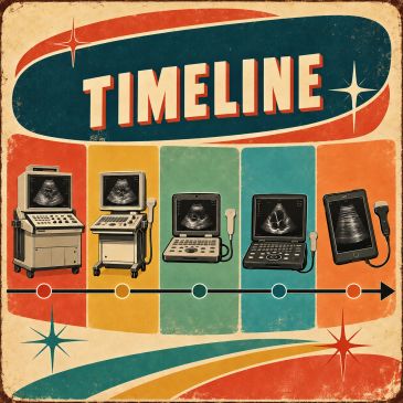 Evolution of ultrasound machines over time shown in a retro style.