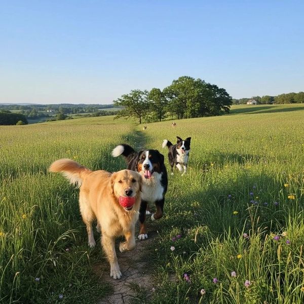 Three dogs running happily on a grassy path in a sunny field.