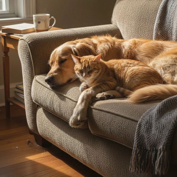 A golden retriever and an orange tabby cat peacefully nap together on a cozy couch.