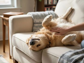 Golden retriever lying on a couch enjoying belly rubs.