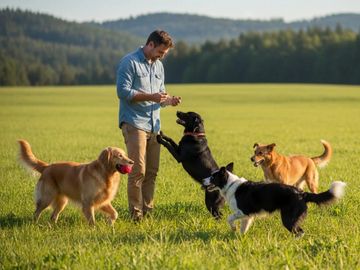 Man playing with four dogs in a grassy field.