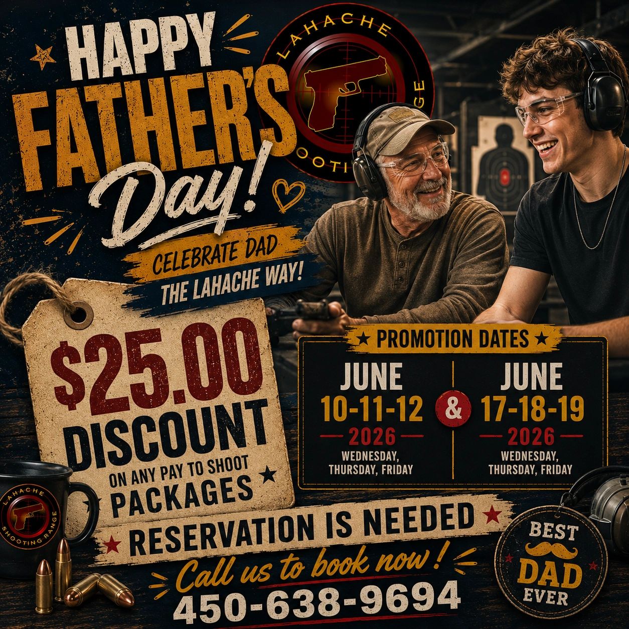 Father and son enjoying shooting range with Father's Day discount promotion.