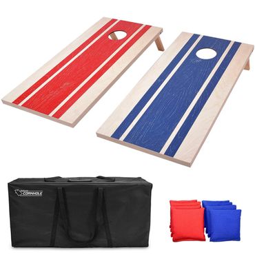 Cornhole game set with red and blue boards, bags, and carrying case.