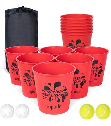 Red plastic cups, balls, and a black carrying bag for a game set.