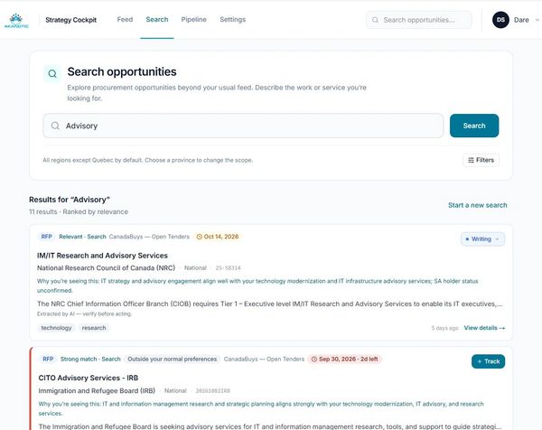 Search results with Relevant and Strong labels and a plain-language reason