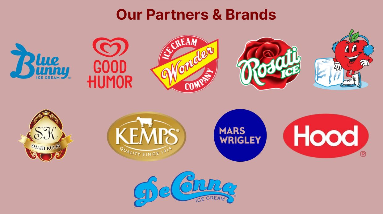 Logos of various ice cream and dessert brands under 'Our Partners & Brands'.
