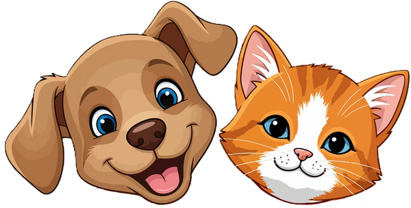 Cartoon faces of a happy dog and a smiling cat side by side.