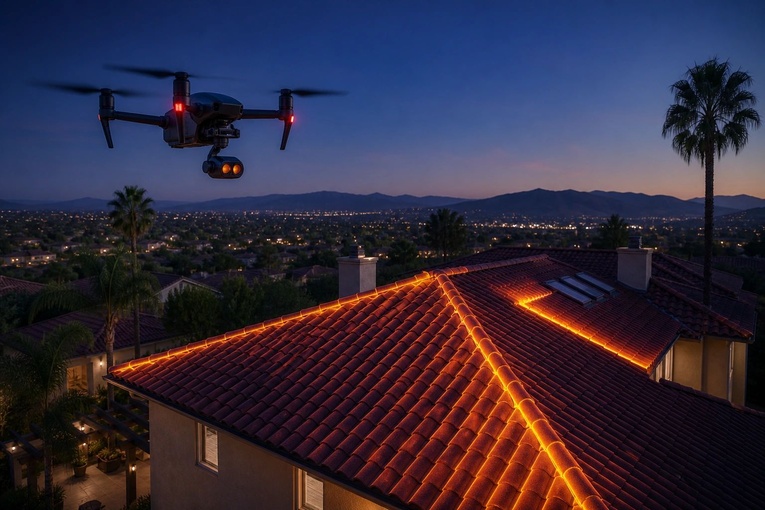 Drone inspecting illuminated rooftop at dusk.