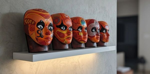 Five colorful tribal-style masks displayed on a white wall shelf with lighting.
