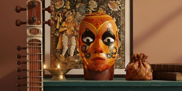 A traditional Indian sitar, mask, and artwork on a carved wooden cabinet.