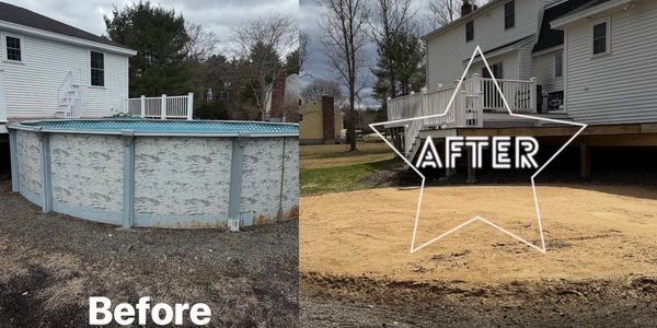 Before and after photos of an above-ground pool removed with the area cleared.