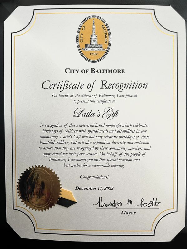 Certificate of recognition for Lailas Gift  