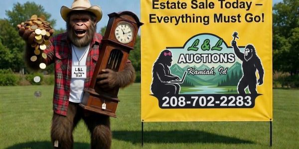 A person in a gorilla costume holding coins and a clock near an estate sale sign.