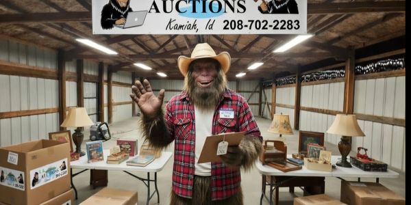A Bigfoot mascot waves inside an auction house filled with antiques and lamps.