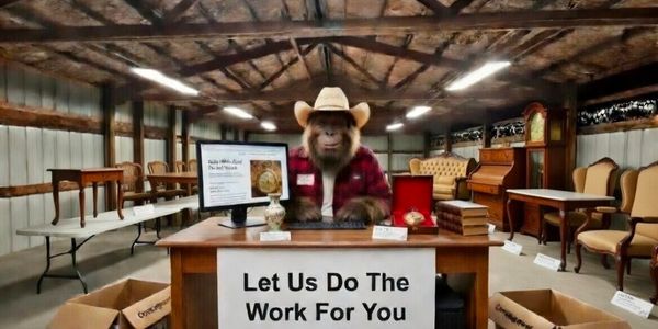 A monkey wearing a cowboy hat at a desk with a sign saying 'Let Us Do The Work For You'.