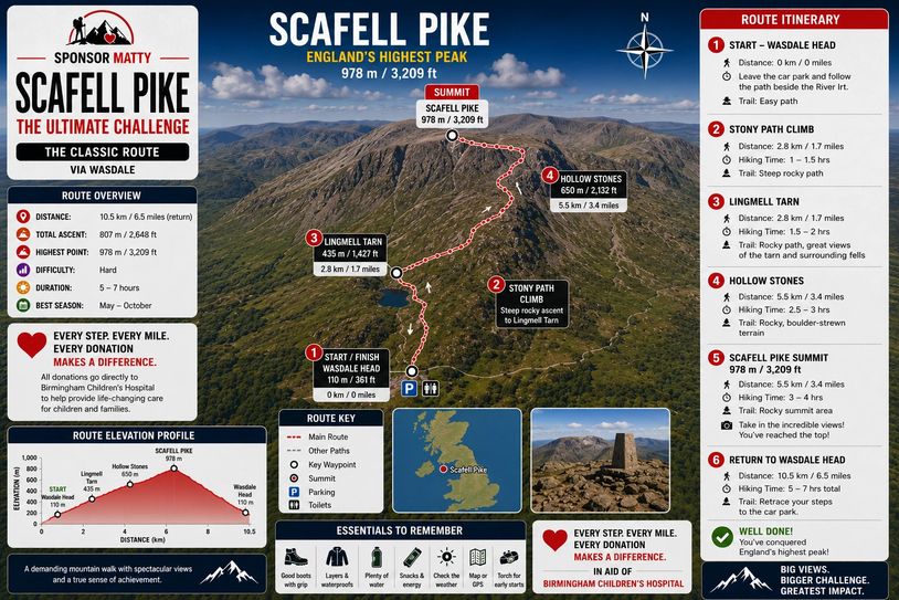 Infographic detailing the Scafell Pike classic route challenge with route overview, itinerary, and essentials.