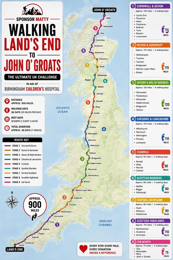 Map showing a 900-mile walking challenge across the UK from Land's End to John O'Groats.