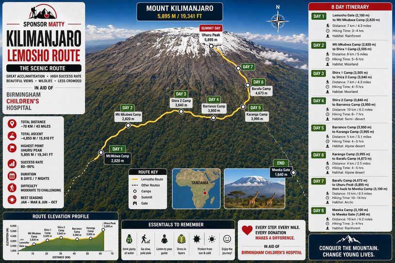 Detailed infographic of the Kilimanjaro Lemosho Route with itinerary and elevation profile.