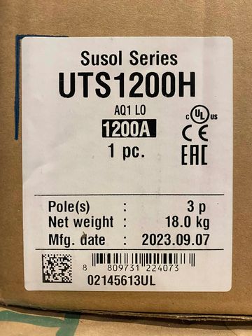 Label on a Susol Series UTS1200H electrical component box showing specs and certifications.