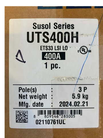 Label for Susol Series UTS400H electrical component with specifications and manufacturing date.