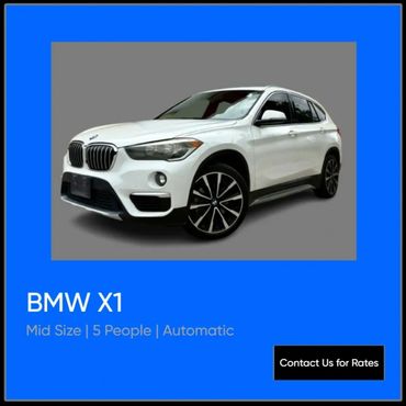White BMW X1 SUV, mid-size, seats 5, automatic transmission.