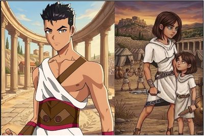 Two anime-style characters dressed in ancient Roman attire in a historical setting.