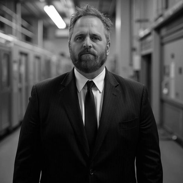Man with beard in a black suit standing confidently in an industrial corridor.