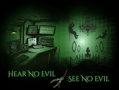 Digital art showing 'Hear no evil, see no evil' with monitoring equipment and figures.