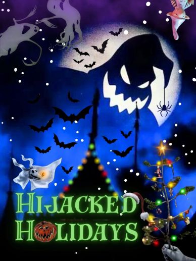 Halloween-themed holiday graphic with bats and a spooky jack-o'-lantern.