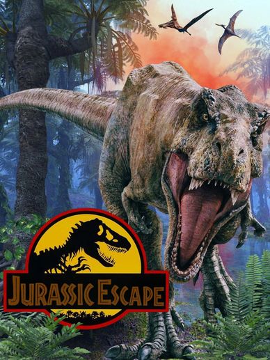 A roaring T-Rex in a jungle with 'Jurassic Escape' logo.
