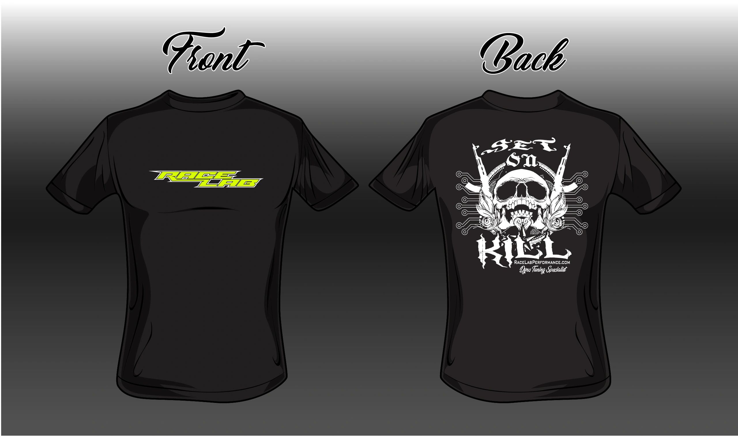 Black t-shirt with Race Lab logo on front and skull design on back.