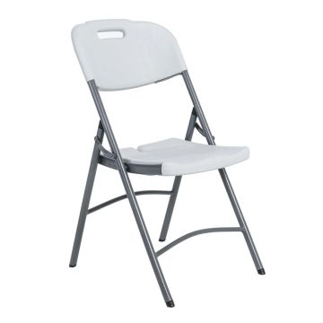 A white plastic folding chair with a metal frame.